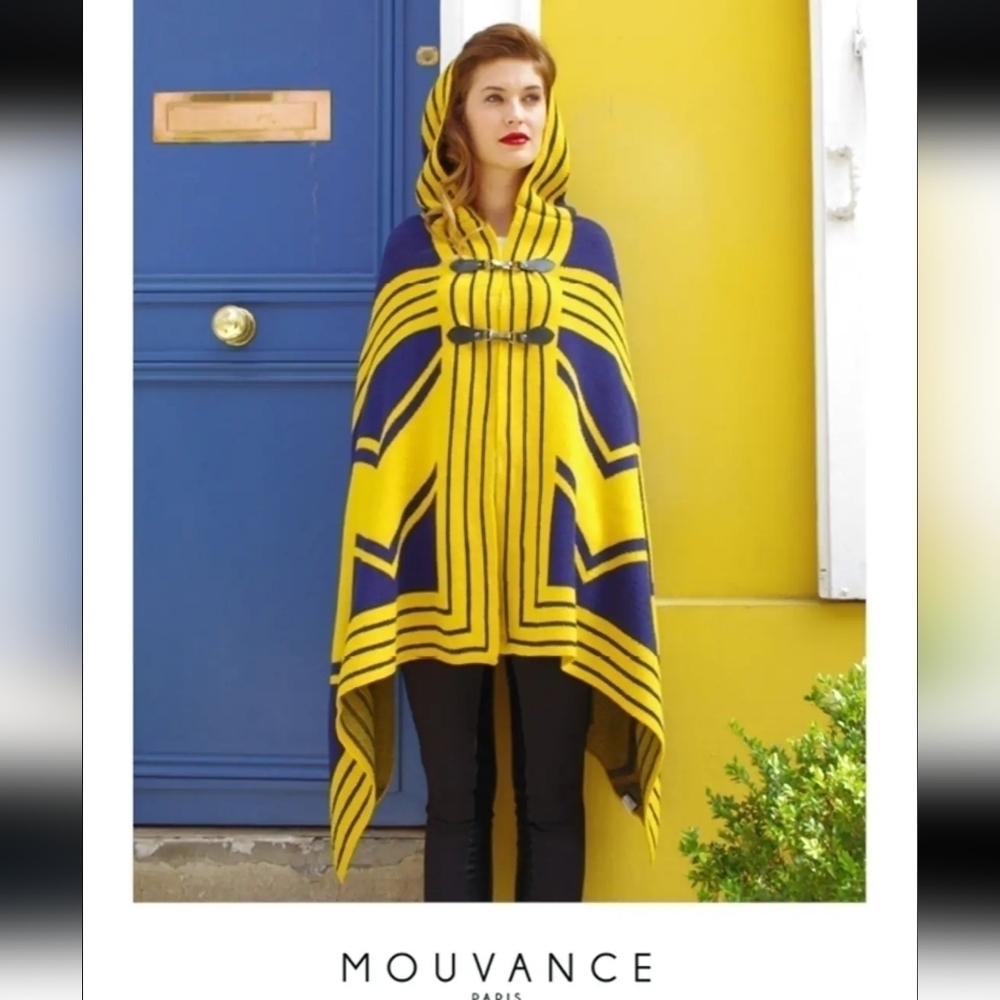 Mouvance Paris Nuuk Hooded Cape Yellow Purple Geometric Graphic Poncho One Size